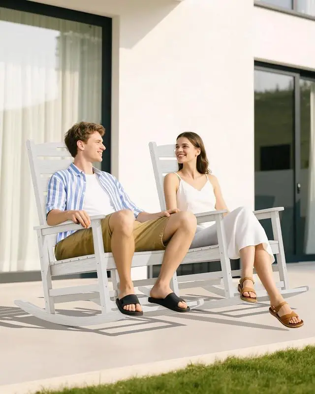 Alt view image 2 of 7 - HDPE Outdoor Rocking Chair, Oversized Rocking Chair with Footboard, High Back Porch Rocker Chair with 350lbs Support, White