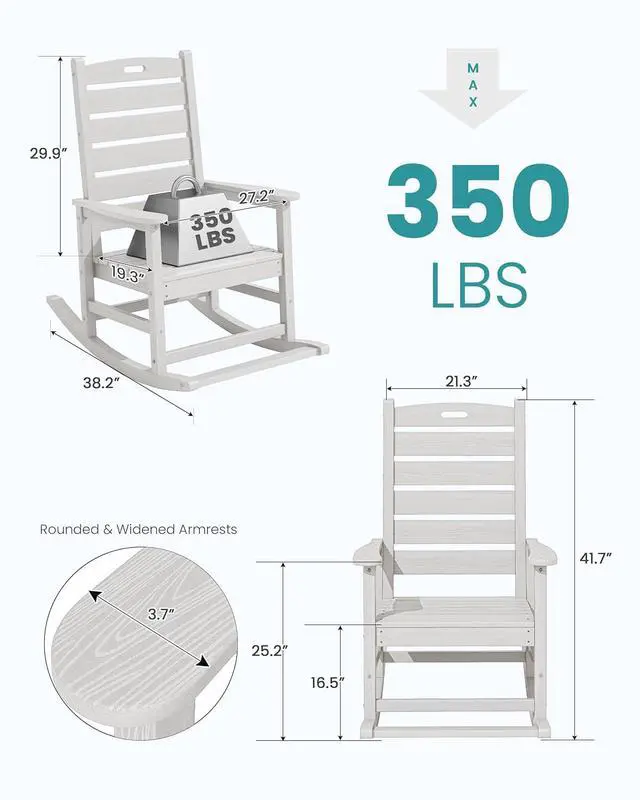 Alt view image 3 of 7 - HDPE Outdoor Rocking Chair, Oversized Rocking Chair with Footboard, High Back Porch Rocker Chair with 350lbs Support, White