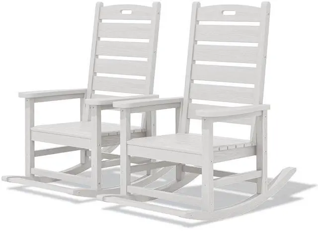 Main image of Outdoor Rocking Chair Set of 2, Oversized Rocking Chair with Footboard for Adults, HDPE All Weather Resistant Rocking Chairs for Patio, 350lbs Weight Capacity, White