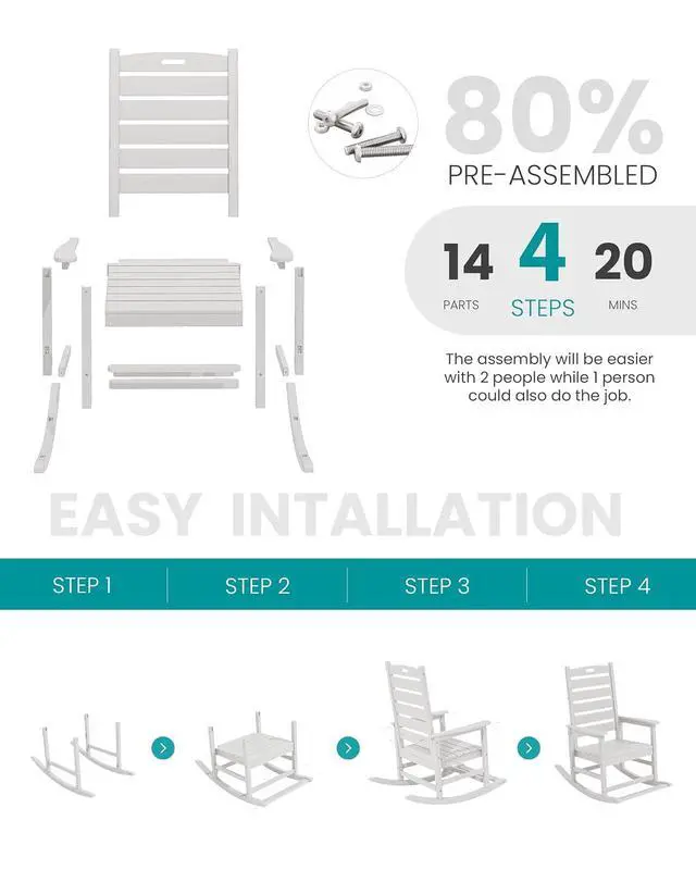 Alt view image 5 of 7 - HDPE Outdoor Rocking Chair, Oversized Rocking Chair with Footboard, High Back Porch Rocker Chair with 350lbs Support, White