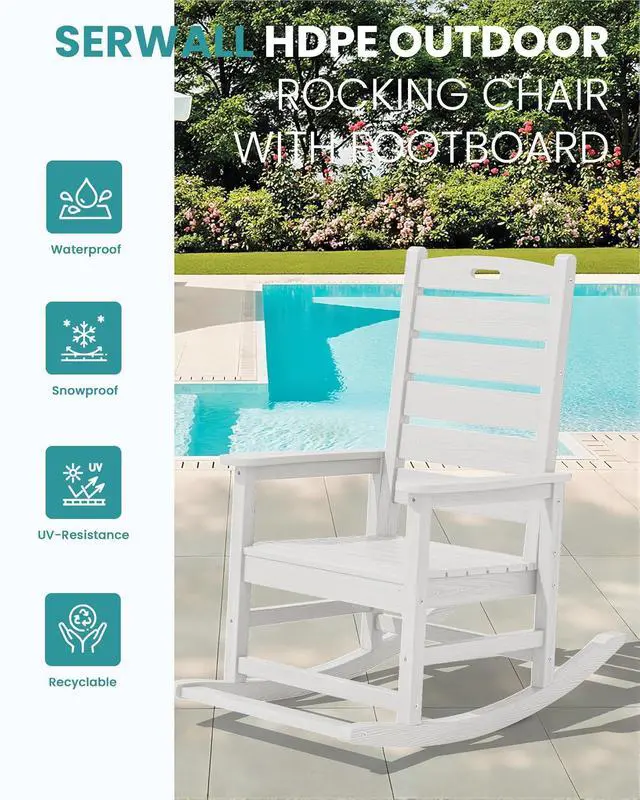 Alt view image 4 of 7 - HDPE Outdoor Rocking Chair, Oversized Rocking Chair with Footboard, High Back Porch Rocker Chair with 350lbs Support, White