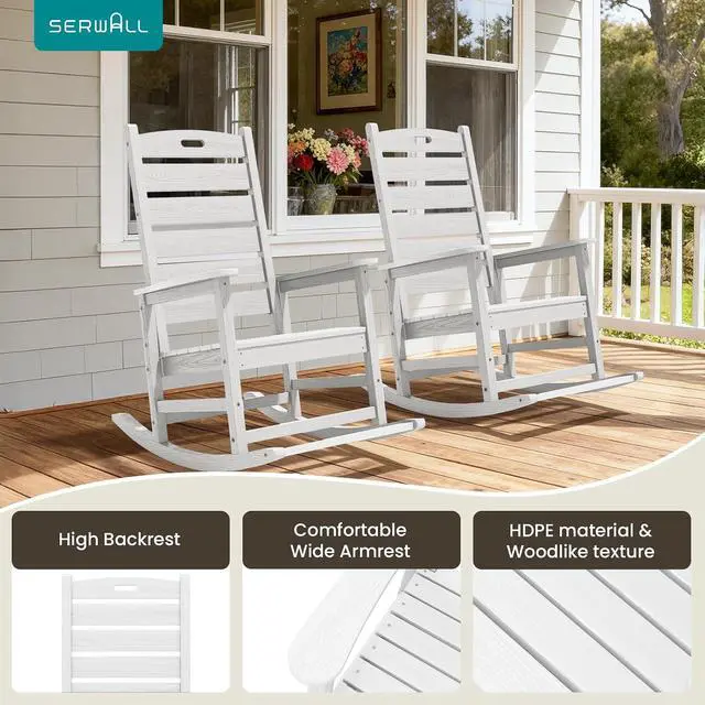 Alt view image 6 of 7 - HDPE Outdoor Rocking Chair, Oversized Rocking Chair with Footboard, High Back Porch Rocker Chair with 350lbs Support, White