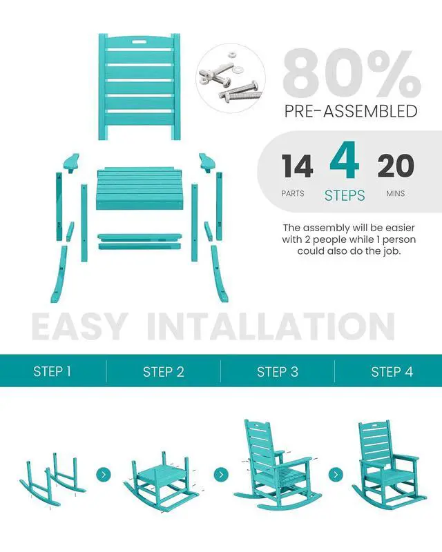 Alt view image 5 of 7 - Outdoor Rocking Chair Set of 2, Oversized HDPE Patio Rocking Chair with Footrest for Adults, All Weather Porch Rocker for Deck Patio Balcony, Aruba