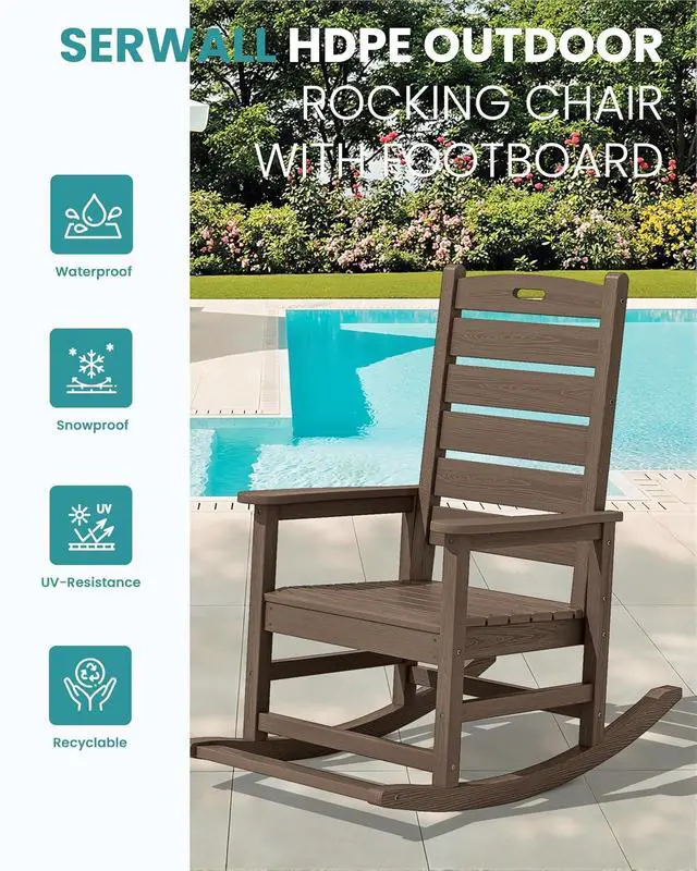 Alt view image 5 of 7 - Outdoor Rocking Chair Set of 4, Oversized HDPE Patio Rocking Chair with Footrest for Adults, All Weather Porch Rocker for Deck Patio Balcony, Coffee