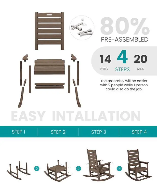 Alt view image 4 of 7 - Outdoor Rocking Chair Set of 4, Oversized HDPE Patio Rocking Chair with Footrest for Adults, All Weather Porch Rocker for Deck Patio Balcony, Coffee