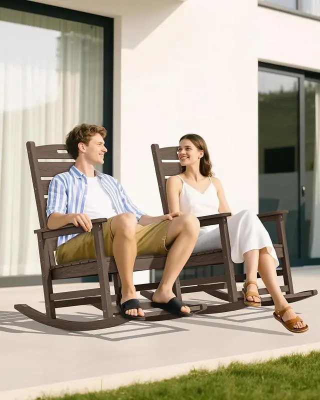 Alt view image 2 of 7 - Outdoor Rocking Chair Set of 4, Oversized HDPE Patio Rocking Chair with Footrest for Adults, All Weather Porch Rocker for Deck Patio Balcony, Coffee