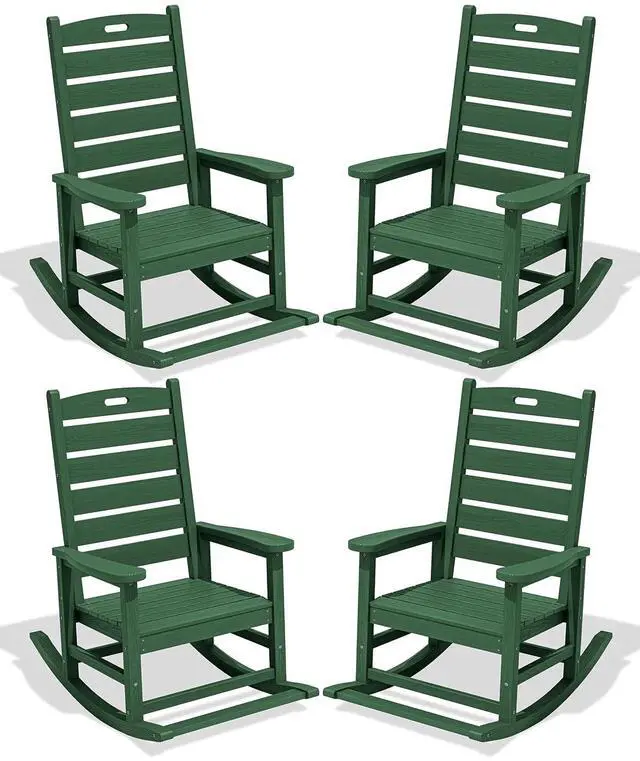 Main image of Outdoor Rocking Chair Set of 4, Oversized HDPE Patio Rocking Chair with Footrest for Adults, All Weather Porch Rocker for Deck Patio Balcony, Green