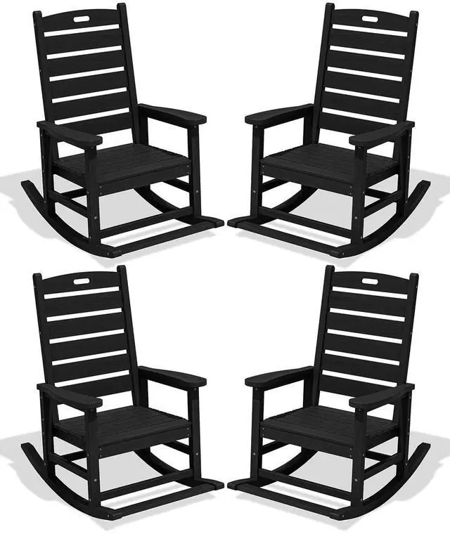 Main image of Outdoor Rocking Chair Set of 4, Oversized HDPE Patio Rocking Chair with Footrest for Adults, All Weather Porch Rocker for Deck Patio Balcony, Black
