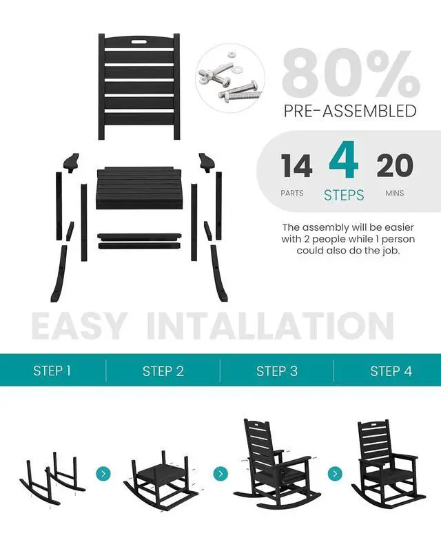 Alt view image 7 of 7 - Outdoor Rocking Chair Set of 4, Oversized HDPE Patio Rocking Chair with Footrest for Adults, All Weather Porch Rocker for Deck Patio Balcony, Black