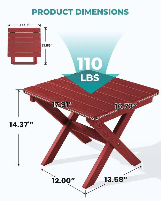 Alt view image 3 of 7 - Folding Adirondack Side Table, HDPE Small Outdoor Table, No Assembly Required End Table for Backyard Pool Porch Garden Lawn, Red