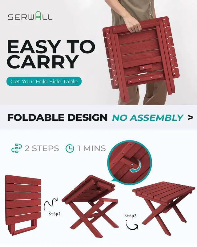 Alt view image 5 of 7 - Folding Adirondack Side Table, HDPE Small Outdoor Table, No Assembly Required End Table for Backyard Pool Porch Garden Lawn, Red