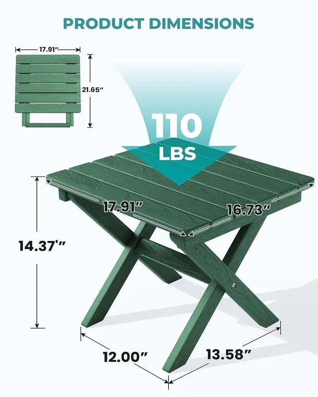 Alt view image 3 of 7 - Folding Outdoor Side Table Set of 4, Small Adirondack Side Table, Green