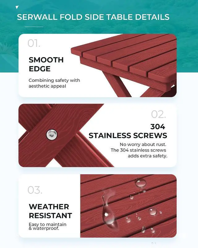 Alt view image 6 of 7 - Folding Adirondack Side Table, HDPE Small Outdoor Table, No Assembly Required End Table for Backyard Pool Porch Garden Lawn, Red