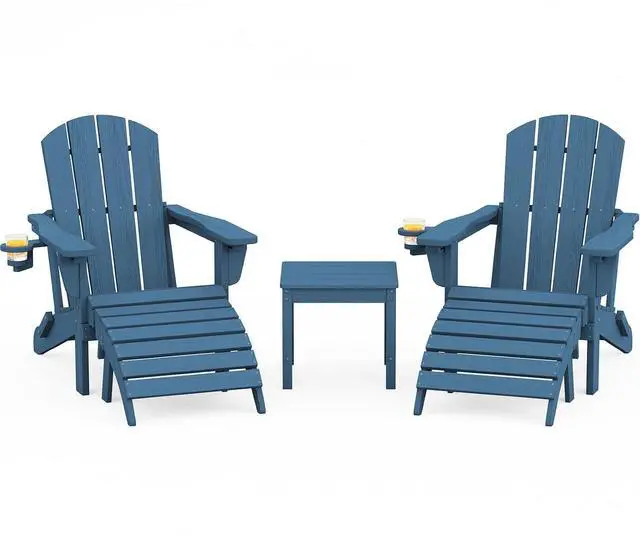 Main image of 5-Piece Adirondack Chair and Ottoman and Table Set, HDPE Weather Resistant Adjustable Backrest Adirondack Chair with Ottoman and Side Table, Navy