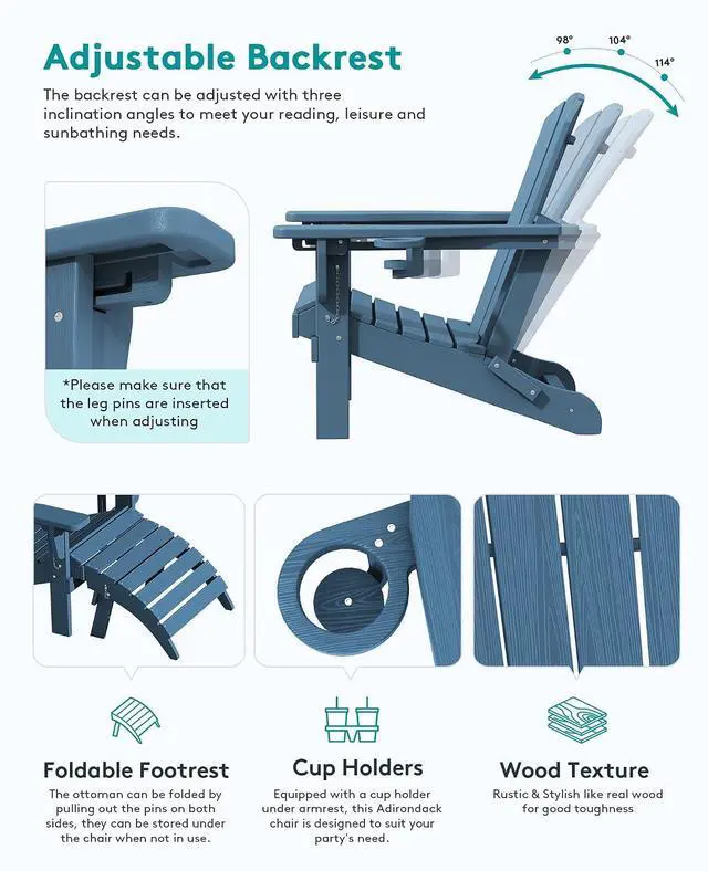 Alt view image 2 of 7 - 5-Piece Adirondack Chair and Ottoman and Table Set, HDPE Weather Resistant Adjustable Backrest Adirondack Chair with Ottoman and Side Table, Navy