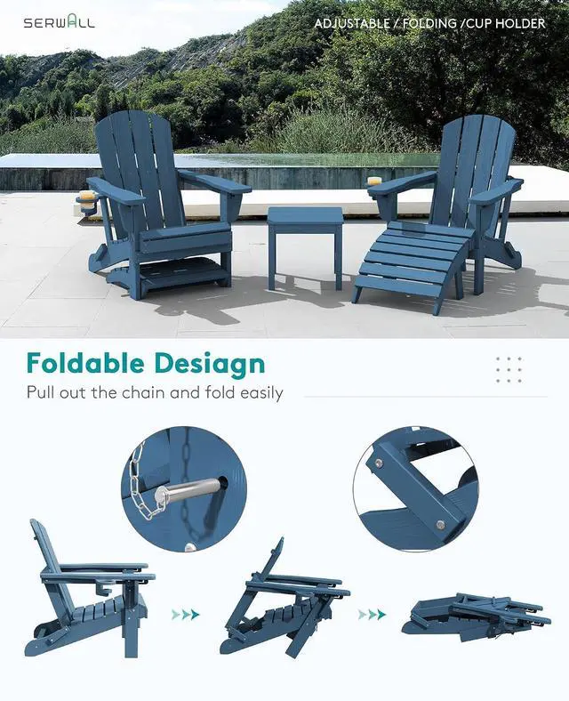 Alt view image 4 of 7 - 5-Piece Adirondack Chair and Ottoman and Table Set, HDPE Weather Resistant Adjustable Backrest Adirondack Chair with Ottoman and Side Table, Navy