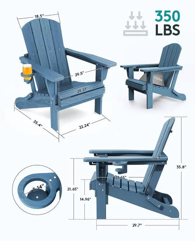 Alt view image 5 of 7 - 5-Piece Adirondack Chair and Ottoman and Table Set, HDPE Weather Resistant Adjustable Backrest Adirondack Chair with Ottoman and Side Table, Navy