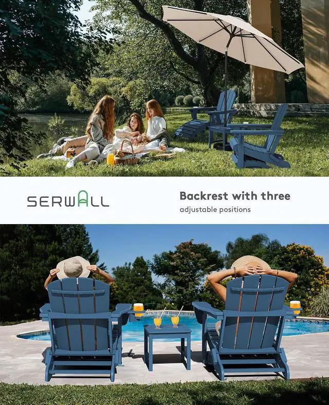Alt view image 6 of 7 - 5-Piece Adirondack Chair and Ottoman and Table Set, HDPE Weather Resistant Adjustable Backrest Adirondack Chair with Ottoman and Side Table, Navy