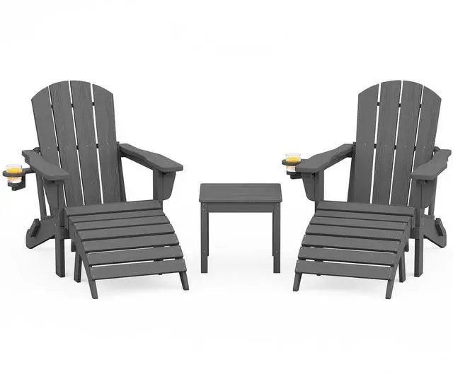 Main image of 5-Piece Folding Adirondack Chair and Ottoman and Table Set, HDPE Adjustable Adirondack Chairs Set, Grey
