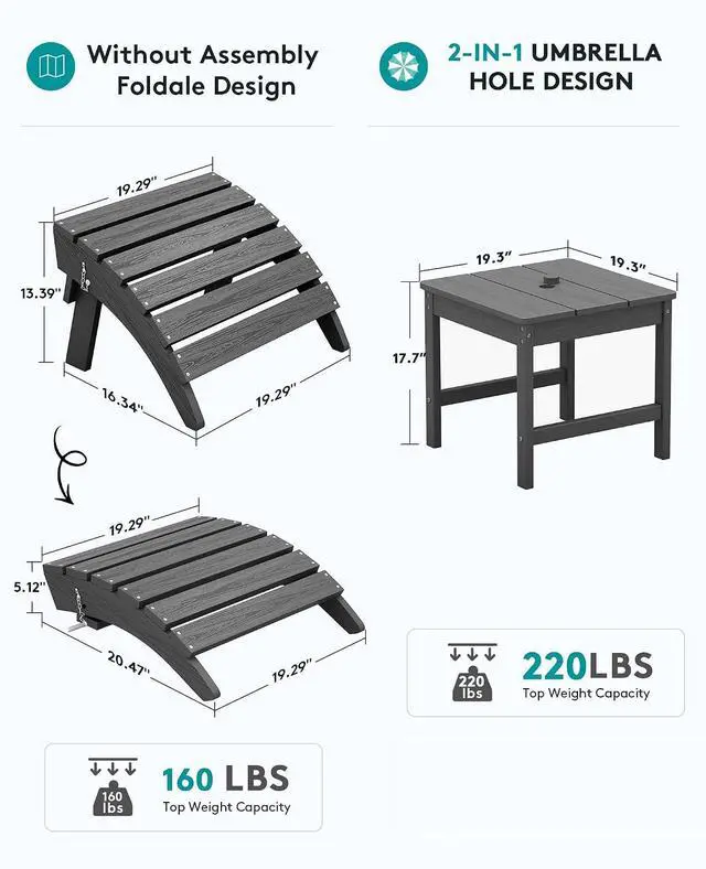Alt view image 4 of 7 - 5-Piece Folding Adirondack Chair and Ottoman and Table Set, HDPE Adjustable Adirondack Chairs Set, Grey