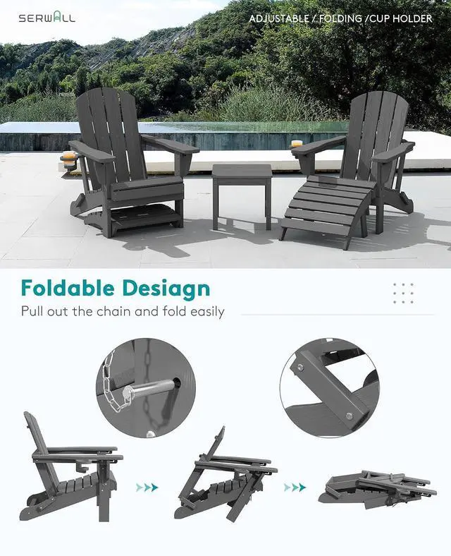 Alt view image 3 of 7 - 5-Piece Folding Adirondack Chair and Ottoman and Table Set, HDPE Adjustable Adirondack Chairs Set, Grey