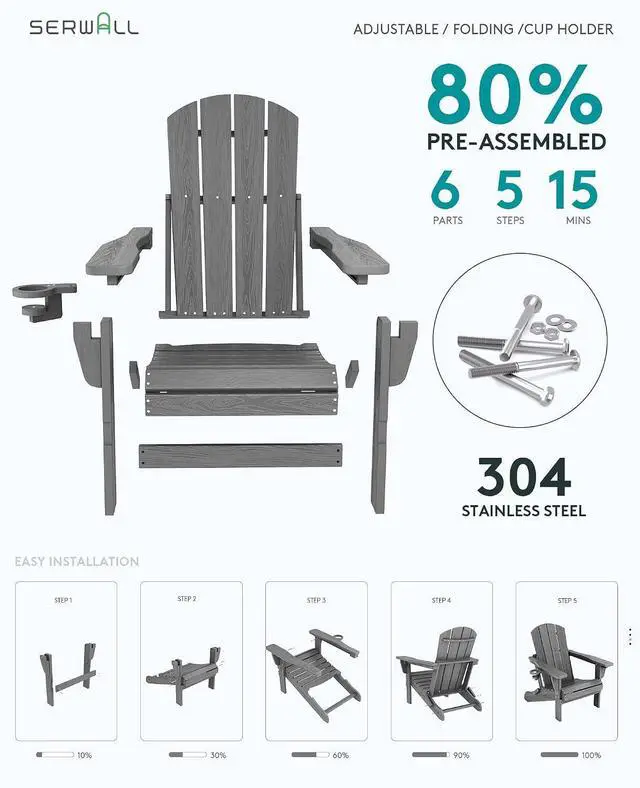 Alt view image 7 of 7 - 5-Piece Folding Adirondack Chair and Ottoman and Table Set, HDPE Adjustable Adirondack Chairs Set, Grey
