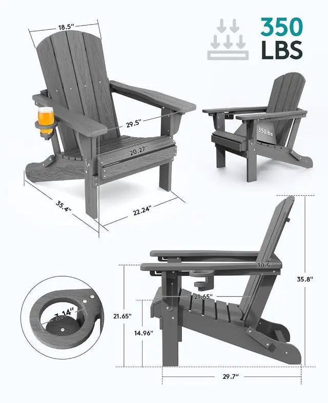 Alt view image 6 of 7 - 5-Piece Folding Adirondack Chair and Ottoman and Table Set, HDPE Adjustable Adirondack Chairs Set, Grey
