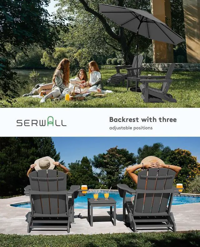 Alt view image 5 of 7 - 5-Piece Folding Adirondack Chair and Ottoman and Table Set, HDPE Adjustable Adirondack Chairs Set, Grey