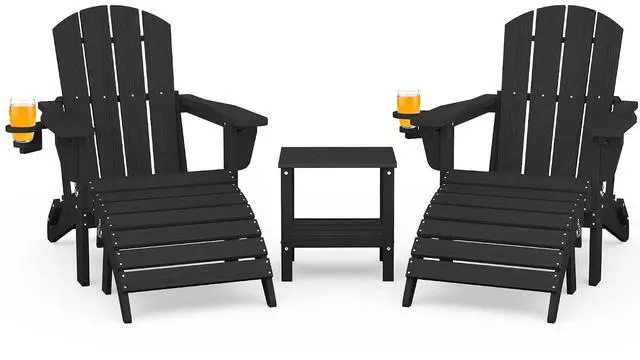Main image of 5-Piece Adjustable Adirondack Chair and Ottoman and Table Set, Black