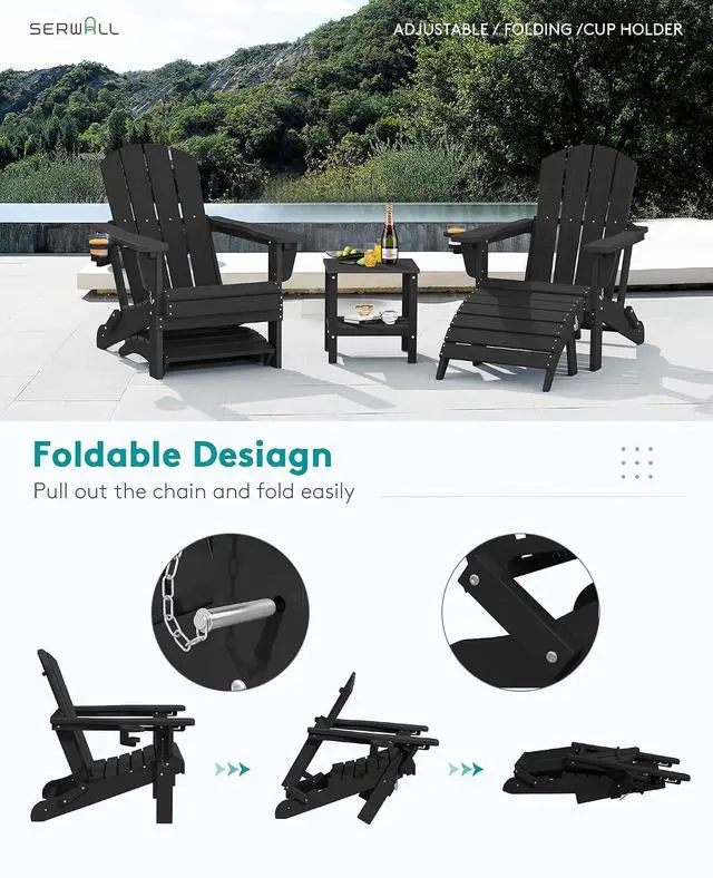 Alt view image 4 of 7 - 5-Piece Adjustable Adirondack Chair and Ottoman and Table Set, Black