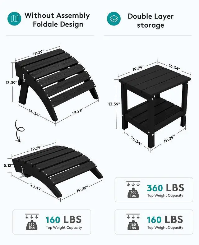 Alt view image 3 of 7 - 5-Piece Adjustable Adirondack Chair and Ottoman and Table Set, Black