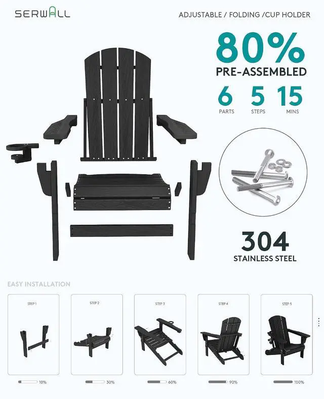 Alt view image 7 of 7 - 5-Piece Adjustable Adirondack Chair and Ottoman and Table Set, Black