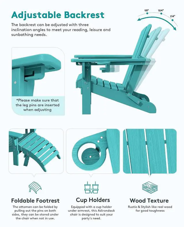 Alt view image 2 of 7 - 5-Piece Folding Adirondack Chair and Ottoman and Table Set, HDPE Adjustable Adirondack Chairs Set, Aruba