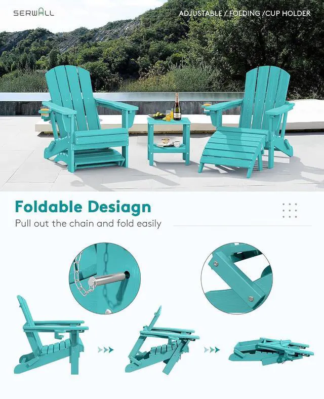 Alt view image 3 of 7 - 5-Piece Folding Adirondack Chair and Ottoman and Table Set, HDPE Adjustable Adirondack Chairs Set, Aruba