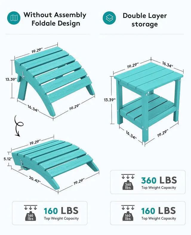Alt view image 4 of 7 - 5-Piece Folding Adirondack Chair and Ottoman and Table Set, HDPE Adjustable Adirondack Chairs Set, Aruba