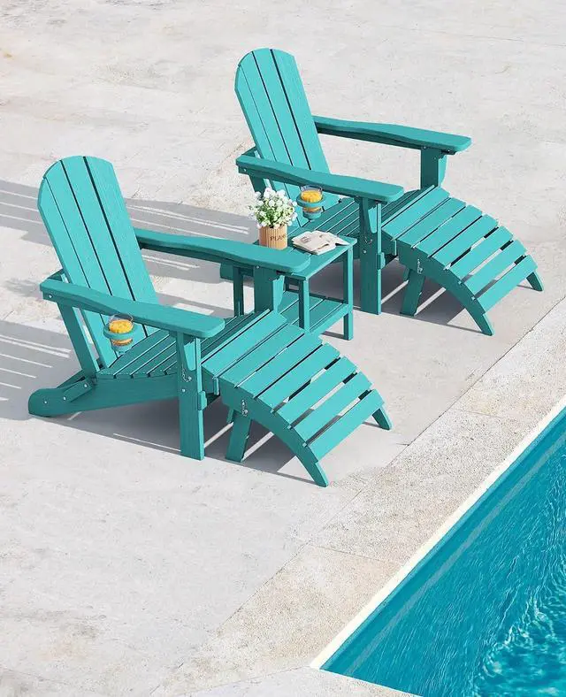 Alt view image 6 of 7 - 5-Piece Folding Adirondack Chair and Ottoman and Table Set, HDPE Adjustable Adirondack Chairs Set, Aruba