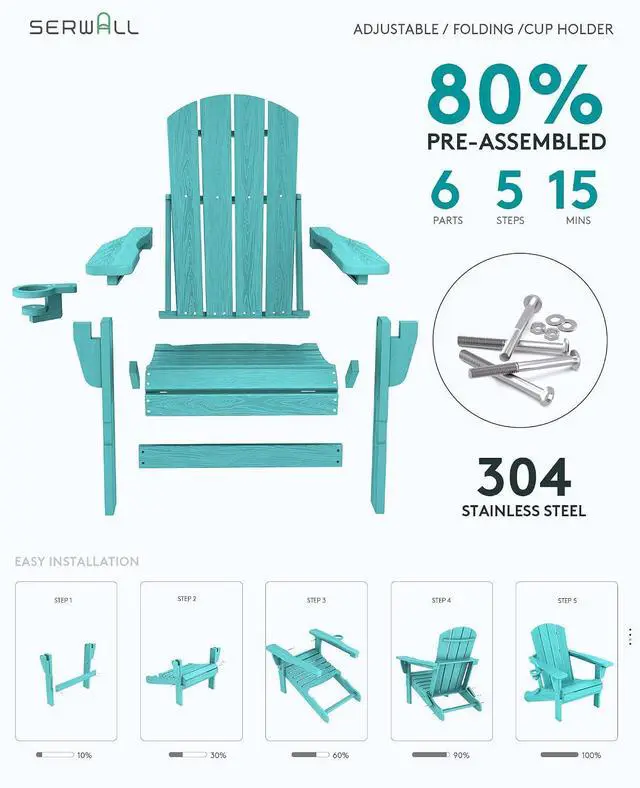 Alt view image 7 of 7 - 5-Piece Folding Adirondack Chair and Ottoman and Table Set, HDPE Adjustable Adirondack Chairs Set, Aruba