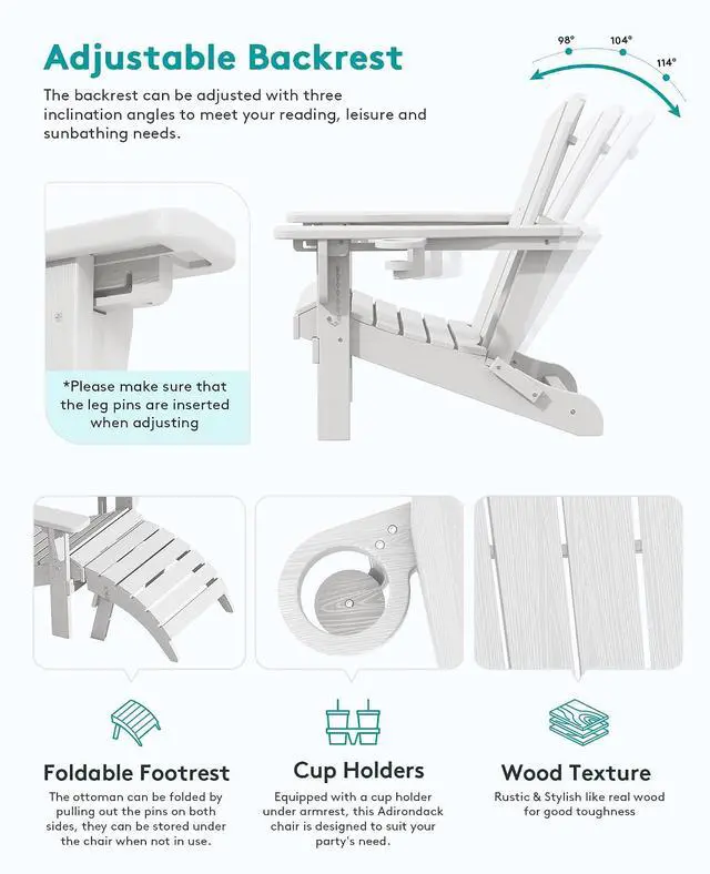 Alt view image 2 of 7 - 5-Piece Adirondack Chair and Ottoman and Table Set, White