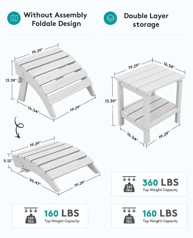 Alt view image 3 of 7 - 5-Piece Adirondack Chair and Ottoman and Table Set, White