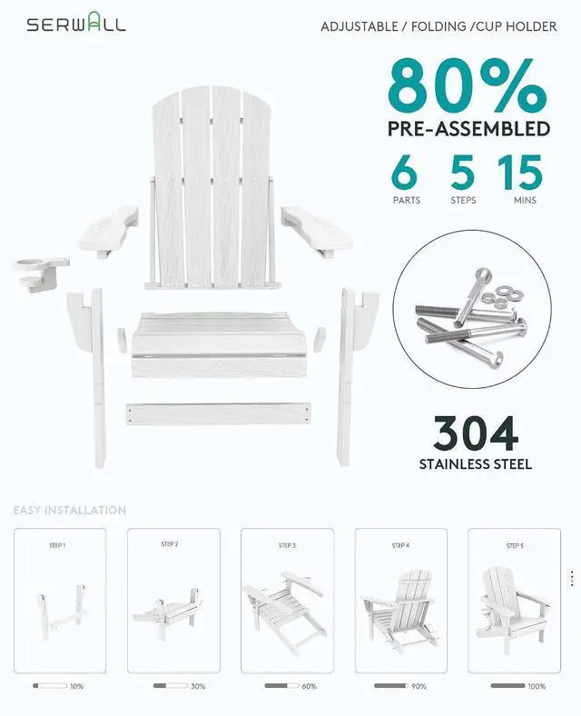 Alt view image 7 of 7 - 5-Piece Adirondack Chair and Ottoman and Table Set, White
