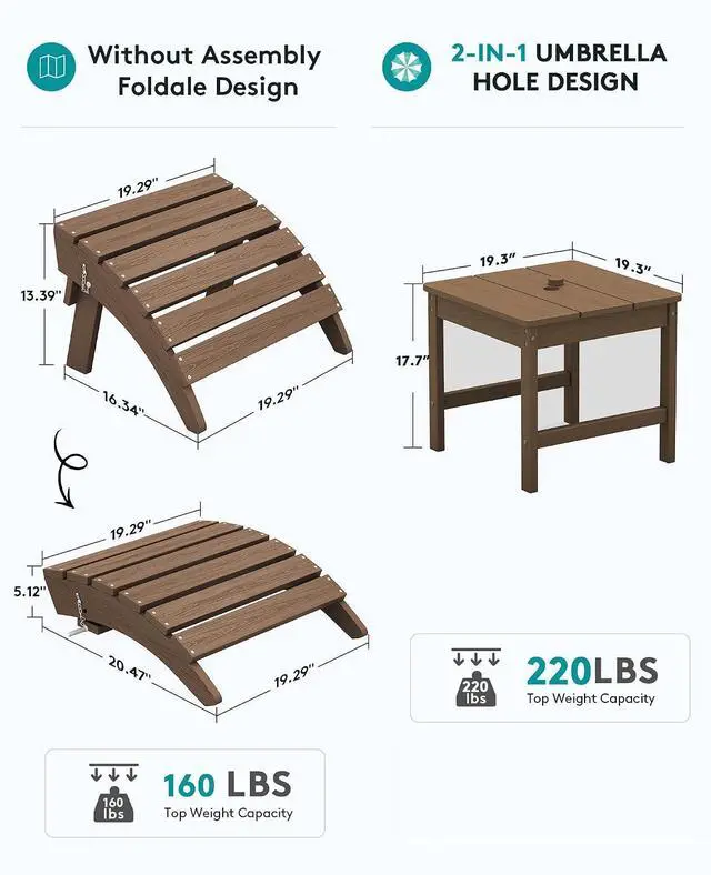 Alt view image 3 of 7 - 5-Piece Adirondack Chair and Ottoman and Table Set, Brown