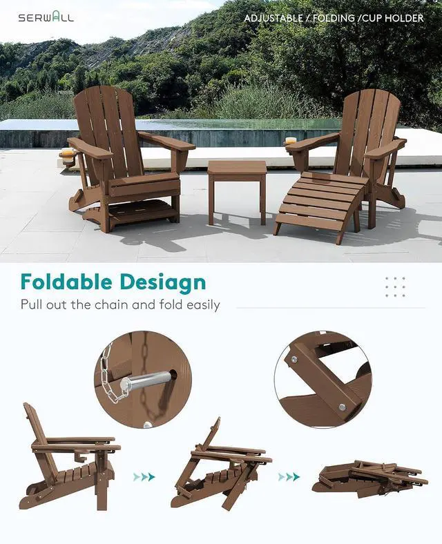 Alt view image 4 of 7 - 5-Piece Adirondack Chair and Ottoman and Table Set, Brown