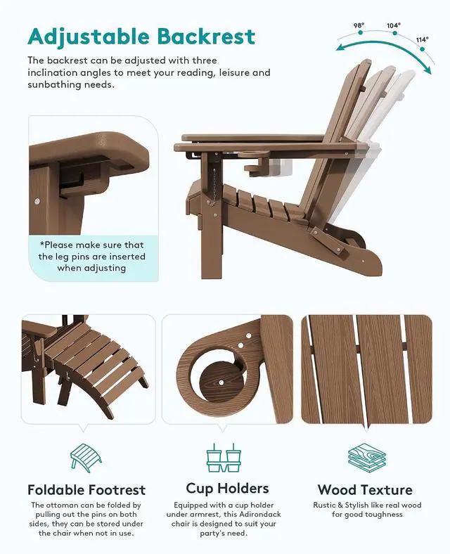 Alt view image 2 of 7 - 5-Piece Adirondack Chair and Ottoman and Table Set, Brown