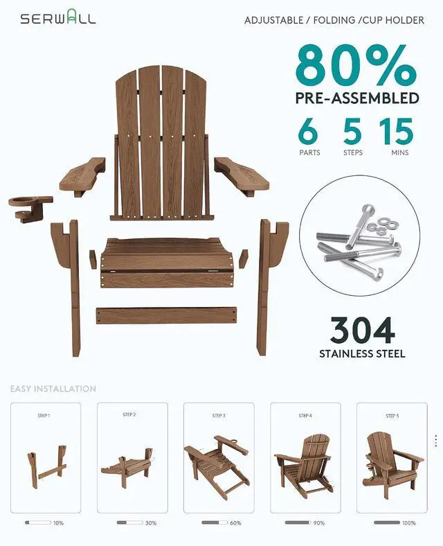 Alt view image 7 of 7 - 5-Piece Adirondack Chair and Ottoman and Table Set, Brown