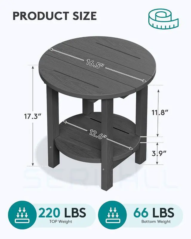 Alt view image 3 of 7 - Round Outdoor Side Table, HDPE Small Adirondack End Table,2-Tier Patio Side Table for Backyard Pool Porch Garden Lawn, Gray