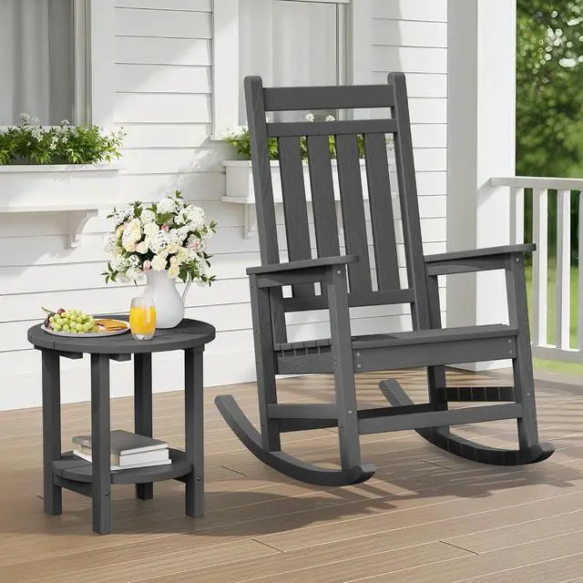 Alt view image 2 of 7 - Round Outdoor Side Table, HDPE Small Adirondack End Table,2-Tier Patio Side Table for Backyard Pool Porch Garden Lawn, Gray