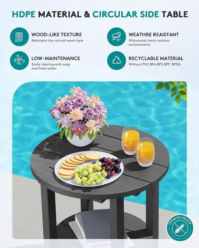 Alt view image 4 of 7 - Round Outdoor Side Table, HDPE Small Adirondack End Table,2-Tier Patio Side Table for Backyard Pool Porch Garden Lawn, Gray