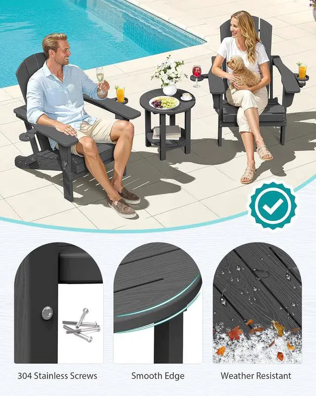 Alt view image 5 of 7 - Round Outdoor Side Table, HDPE Small Adirondack End Table,2-Tier Patio Side Table for Backyard Pool Porch Garden Lawn, Gray