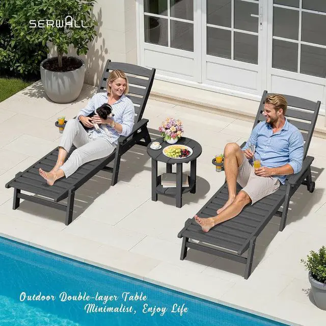 Alt view image 7 of 7 - Round Outdoor Side Table, HDPE Small Adirondack End Table,2-Tier Patio Side Table for Backyard Pool Porch Garden Lawn, Gray