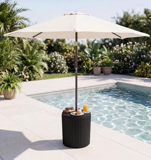 Alt view image 4 of 7 - Round Outdoor Umbrella Side Table Set of 2 - Outdoor Patio Table with Umbrella Hole for Porch/Patio/Poolside, Black